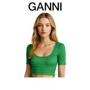 GANNI Green Smocked Cropped Top XS Square Neck Short Sleeve Sustainable Fabric
